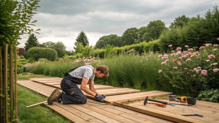 pose d'une terrase en bois, lesjardinsdejean.be